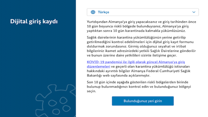 Risk Bölgelerinden Almanya’ya Gelenlere Dijital Kayıt Şartı