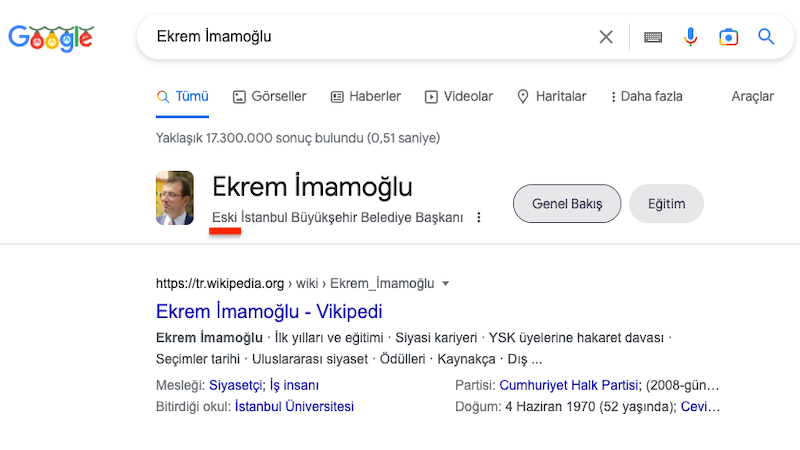 Google arama motoru, İmamoğlu için “Eski İstanbul Büyükşehir Belediye Başkanı” diyor
