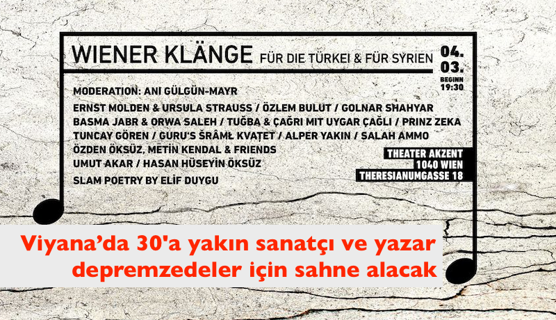 Viyana’da 30’a yakın sanatçı ve yazar depremzedeler için sahne alacak
