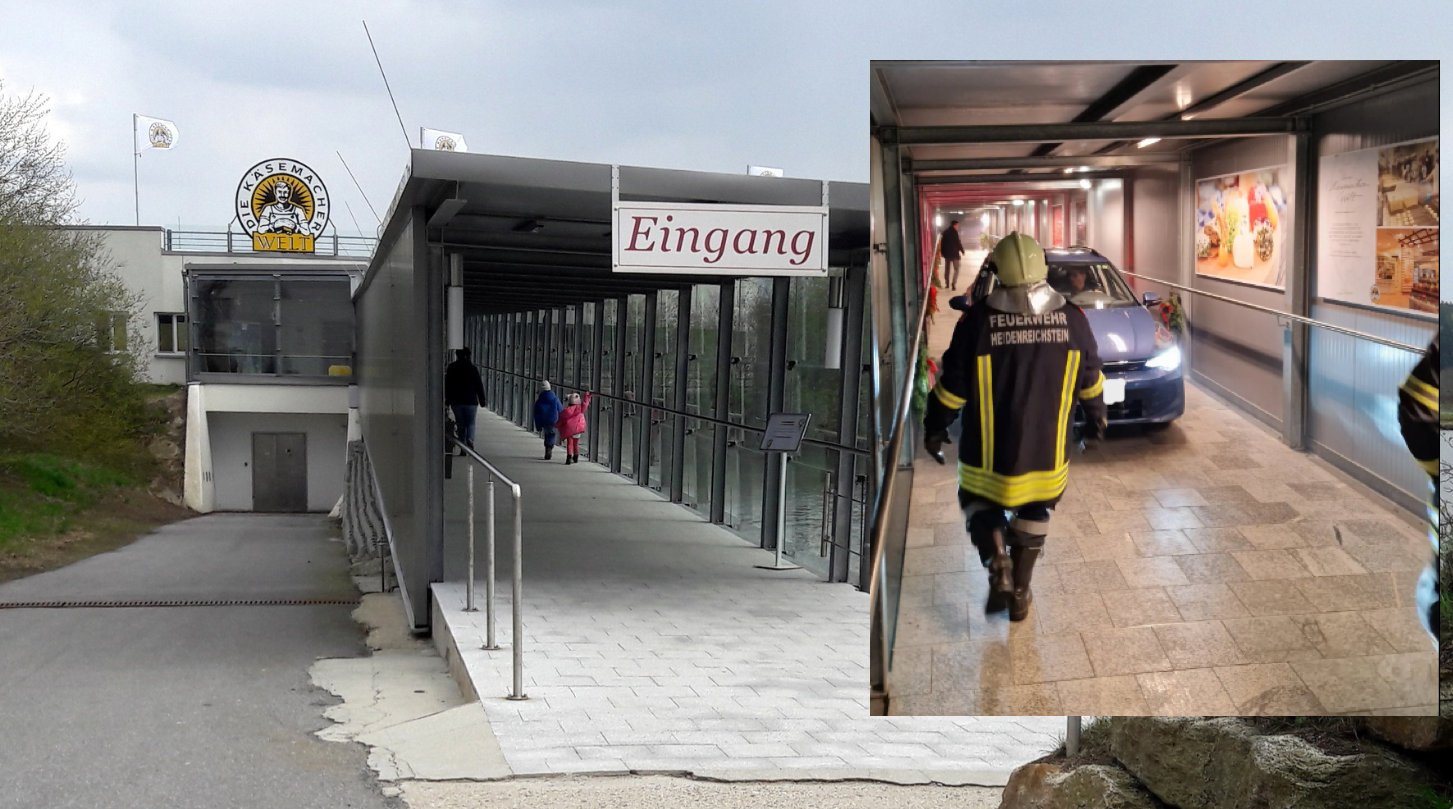 İlginç Olay | Araç “Käsemacherwelt” Peynir Üreticisi Dünyası Merkezinde, Yaya Ziyaretçi Köprüsünde Sıkıştı